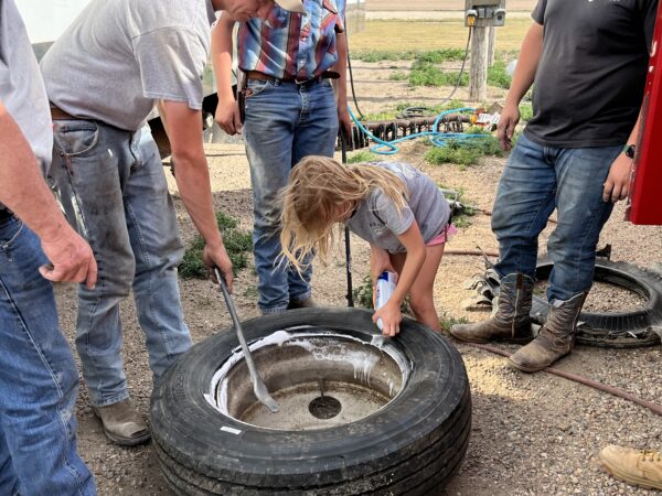 Zoey helping the guys change a tire that blew while moving to Tribune, Kansas.